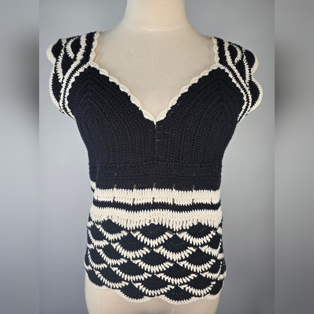 Fracomina Black & Cream Cotton Crochet Knit Cap Sleeve Tank Top Size Small